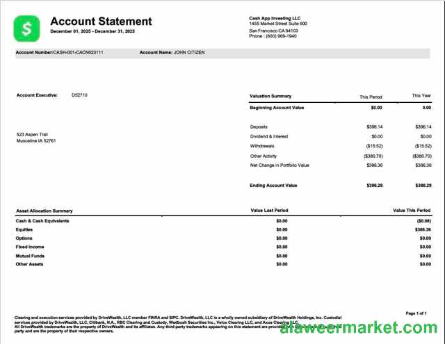 USA Cash App Investing account statement Word and PDF template